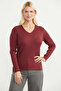 Ribbed V-Neck Knit Sweater - Burgundy - 3