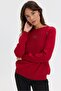 Women's Crew Neck Diamond Pattern Floral Embroidered Knitwear Sweater Red