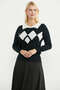 Collared Baklava Motif Knitwear Sweater - Black - 4