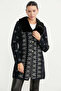 Long Knit Cardigan with Faux Fur Collar - Black - 2
