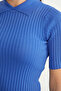 Ribbed Short Sleeve Knit Sweater - Blue - 5