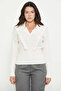 Polo Collar Ruffled Knit Sweater - Bone