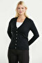 V-Neck Basic Knitwear Cardigan with Pockets - Black - 3