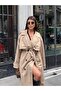 Women's Beige Oversized Long Trench Coat with Tie Detail - 5