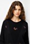Women's Crew Neck Diamond Pattern Floral Embroidered Knitwear Sweater Black - 4