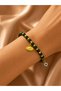 Women's Green Beaded Bracelet with Charms, Evil Eye Beads, Yellow Eye Figure, Gold Detail, Stylish and Elegant Gift Accessory - 2