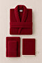 Eldy Women's Bathrobe Set 4 Pieces, 100% Cotton Certified Striped Shawl Collar Women's Bathrobe Set - Claret Red - 4