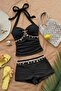 Starfish Detailed Stone-Striped Crop Top and Shorts Two-Piece Set