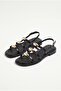 Women's Black Gold Oval Metal Accessory Ankle Strap Sandals 50021002
