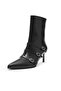 Black Color 3 Buckle Pointed Toe Women's Heeled Boots - 5