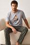 Gray Bear Printed Patterned Knitted Short Sleeve Pajama Set 8004