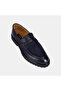 Men's Navy Blue Nubuck Leather Loafer with Tape Detail - 7