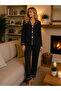 Bamboo Knitted Heart Embroidered Long Sleeve Black Women's Pajama Set with Intermediate Piping Detail - 2