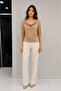 Women's Sand Beige Color Degaje Collar Long Sleeve Sandy Fabric Blouse - 6
