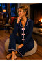 Bamboo Knitted Bow Tie Long Sleeve Navy Blue Women's Pajama Set
