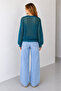 Women's Petrol Blue Crew Neck Openwork Knitwear Blouse - 4