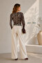 Women's Leopard Patterned Collared Long Sleeve Pleated Sandy Fabric Blouse - 6