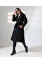 Women's Black Long Sleeve Double-Breasted Oversize Cashmere Coat with Flap Pockets and Buttoned Cuffs - 8