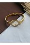 Gold Steel Handcuff Bracelet with a Slot for Half Gold Jewelry in the Middle, Zircon Stone Detail, and Evil Eye Beads - 2
