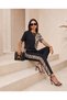 Women's Crew Neck Short Sleeve Zebra Pattern Detailed Blouse Trousers Two-Piece Set - 4
