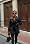 Women's Double-Breasted Collar Belted Faux Leather Short Trench Jacket - Black - 3