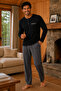 Combed Cotton Knitted Cotton Men's Long Sleeve Pajama Set with Placket, Fileto Embroidery, Pockets, Black - 2