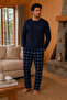 Combed Cotton Knitted Cotton Men's Long Sleeve Placketed Fileto Embroidered Pocketed Navy Blue Pajama Set - 2