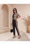 Women's Crew Neck Short Sleeve Zebra Pattern Detailed Blouse Trousers Two-Piece Set - 3