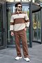 Brown Color Blocked Polo Collar Men's Tracksuit Set E7368