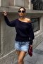 Women's Navy Blue Asymmetrical Low Collar Soft Knitwear Blouse - 4