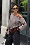 Women's Brown Striped Asymmetrical Low Neck Soft Knitwear Blouse - 4