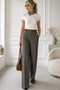 Women's Fishbone Patterned High Waist Pocketed Cotton Loose Leg Comfortable Stylish Belted Elegant Casual Brown Black Trousers