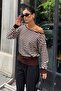 Women's Brown Striped Asymmetrical Low Neck Soft Knitwear Blouse - 6