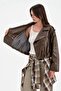 Women's Double-Breasted Leather Jacket with Pleated Detail at the Bottom and Lined Design - 5