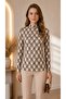 Women's Ecru Beige Chain Pattern Stand Collar Long Sleeve Viscose Elastane Trend Blouse