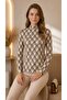 Women's Ecru Beige Chain Pattern Stand Collar Long Sleeve Viscose Elastane Trend Blouse - 4