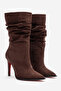 Drawstring Women's Boots Brown Suede Pointed Toe Thin Heeled Bellows Stylish Boots Stane - 3
