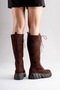 Harpenil Women's Genuine Leather Lace-Up Thick Sole Boots Brown Suede - 7