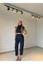 Navy Blue Belted Crop Blouse and High Waist Pants Set - 8