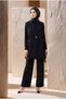 Classic Collar Accessory Detailed Long Jacket Wide Leg Pants Three-Piece Set Black 26Ka630 - 3