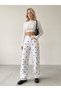 Women's White High-Waisted Polka Dot Detailed Wide Leg/Loose Leg Linen Pants