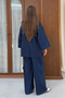 Women's Single Gold Button V-Neck Wide Sleeve Denim Jacket Trousers Two-Piece Set 9149 - Navy Blue - 7