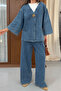Women's Single Gold Button V-Neck Wide Sleeve Denim Jacket and Trousers Two-Piece Set 9149 - Blue - 5
