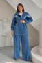 Women's Striped Striped Waist Gathered Denim Jacket and Trousers Two-Piece Set 9154 - Blue - 3
