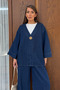 Women's Single Gold Button V-Neck Wide Sleeve Denim Jacket Trousers Two-Piece Set 9149 - Navy Blue - 2