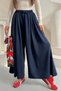 Women's Pleated Wide-Leg Palazzo Trousers with Elastic Waist and Rope Detail 0186 - Navy Blue - 4