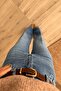 Suede Belted Tube-Leg Blue Jeans with Iron-On Embellishments - 3