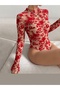 Velvet Flock Printed Skin Color Tulle Snap Fastener Bodysuit - 4