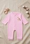 Baby Girl Pink Bird Embroidered Ribbed Camisole Long Sleeve Jumpsuit with Snap Fasteners - 2
