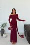 Women's Burgundy Madonna Collar Front Tie Maxi Length Lace Dress - 2